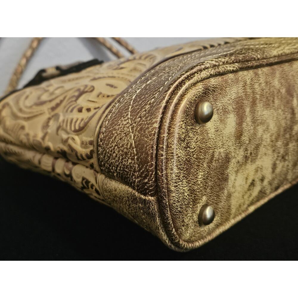 Patricia Nash Burnished Tooled Zorita Satchel Bag Metallic gold finish 14x10x4 - Picture 12 of 15